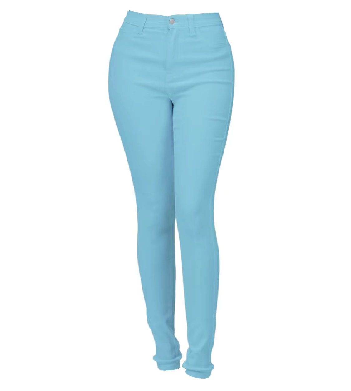 A pair of light blue skinny jeans against a white background