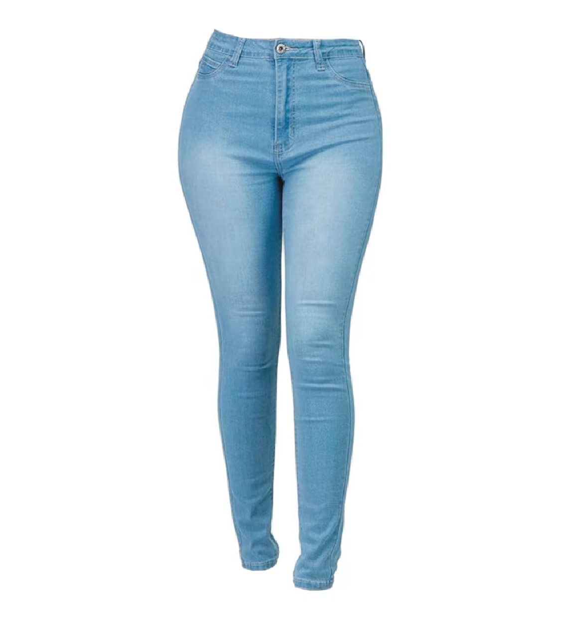 Close-up of stitching and pocket detail on light blue wash skinny jeans