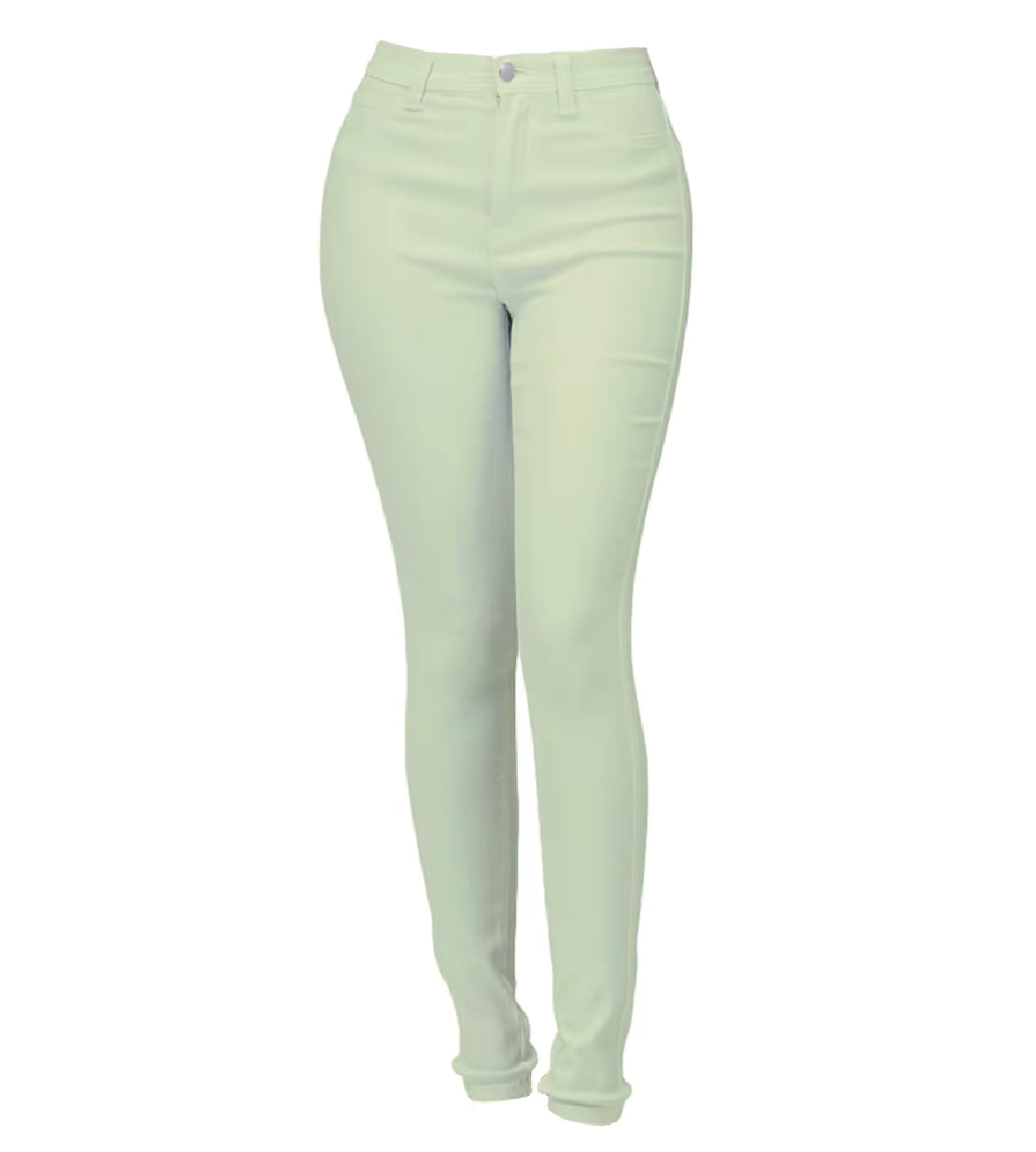 A pair of light green skinny jeans with a mid-rise waist and a body-hugging fit.