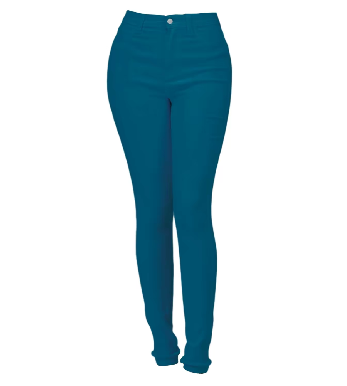 A pair of deep teal stretch skinny jeans against a white background.