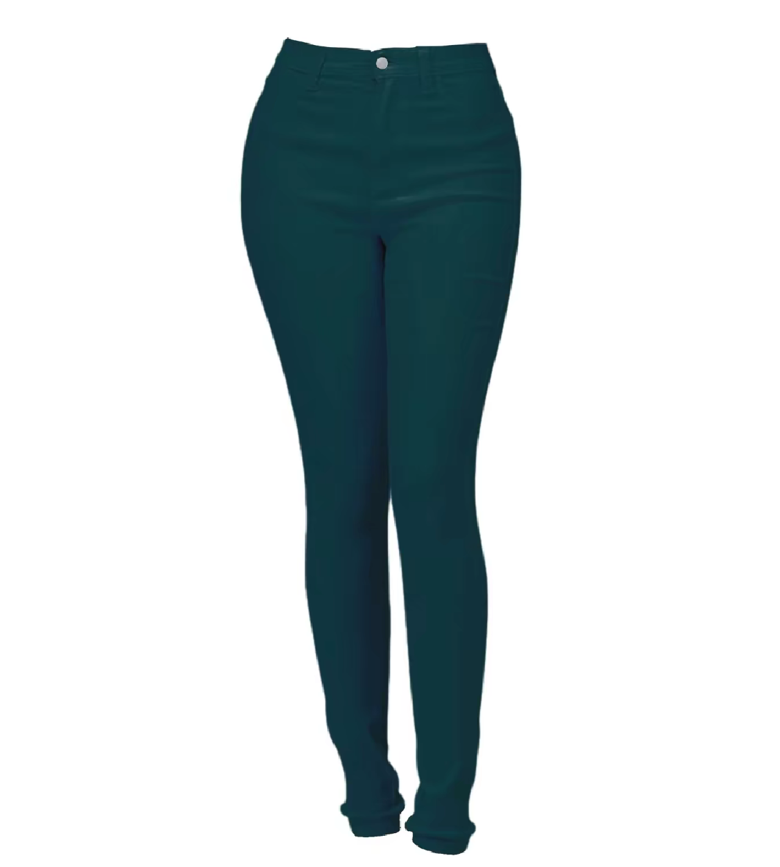A pair of pine green skinny jeans against a white background