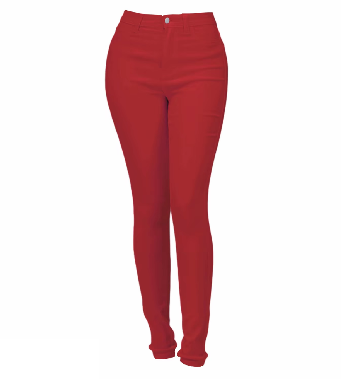 A pair of red stretch skinny jeans product outline on a white background