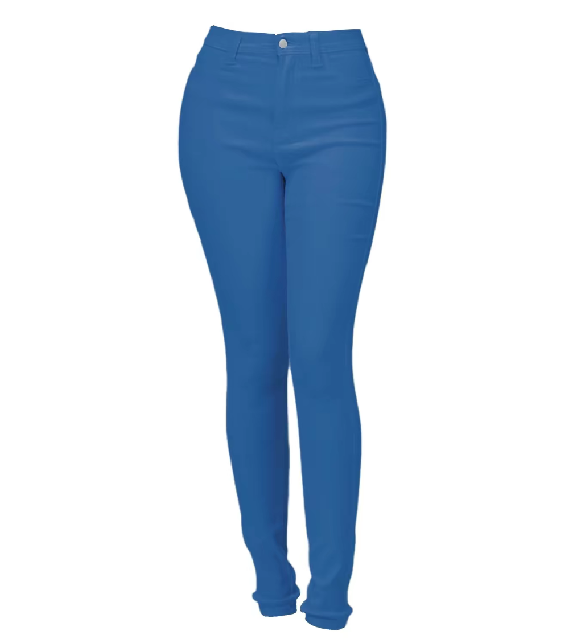 A pair of blue stretch skinny jeans product outline on a white background
