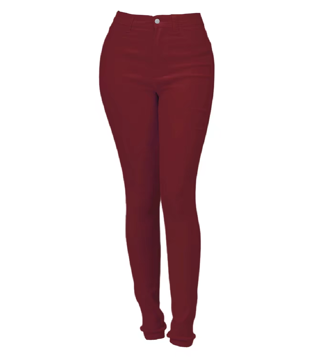 A pair of maroon stretch skinny jeans outline against a white background