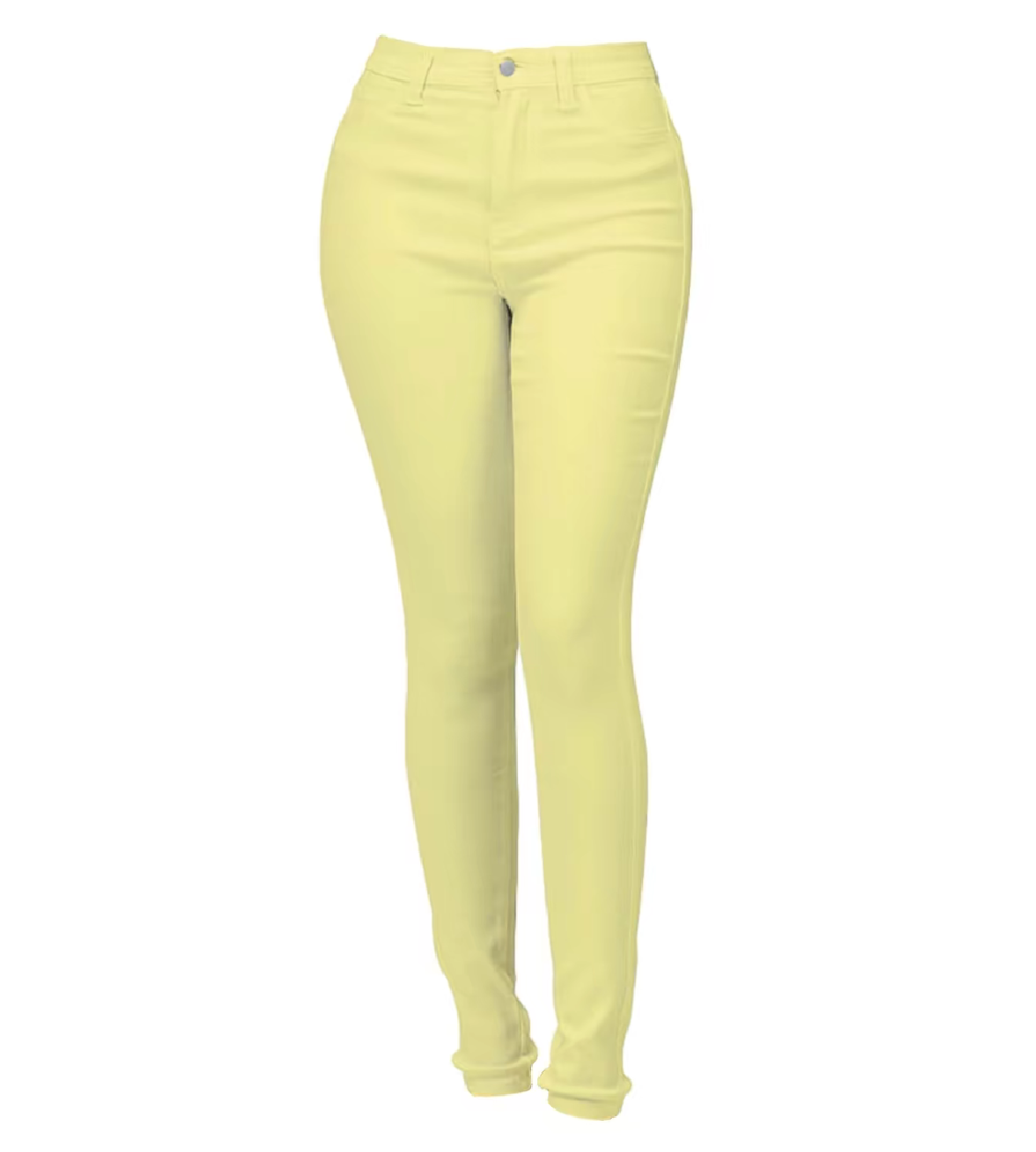 A pair of yellow skinny jeans against a white background.